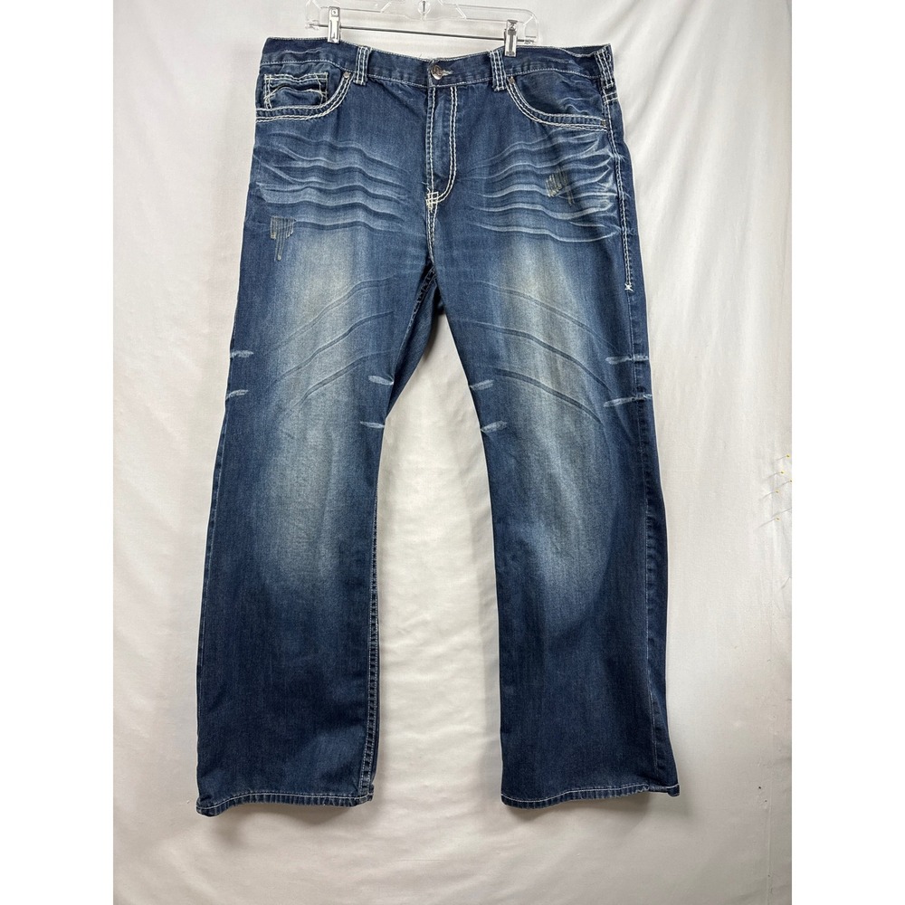 B. Tuff Jeans Axle Mens 44x34 Blue Denim Wide Leg Western Whiskered